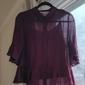 Nine West Sheer Button-Front Collared Blouse in Burgundy